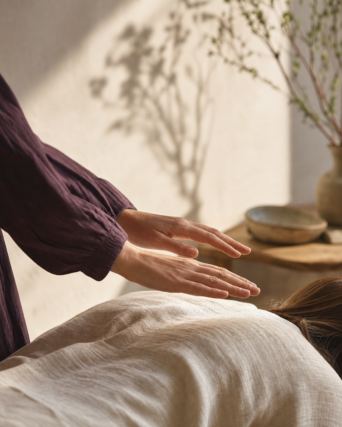A Reiki practitioner holding relaxed hands above a fully clothed recipient in a warm, quiet studio